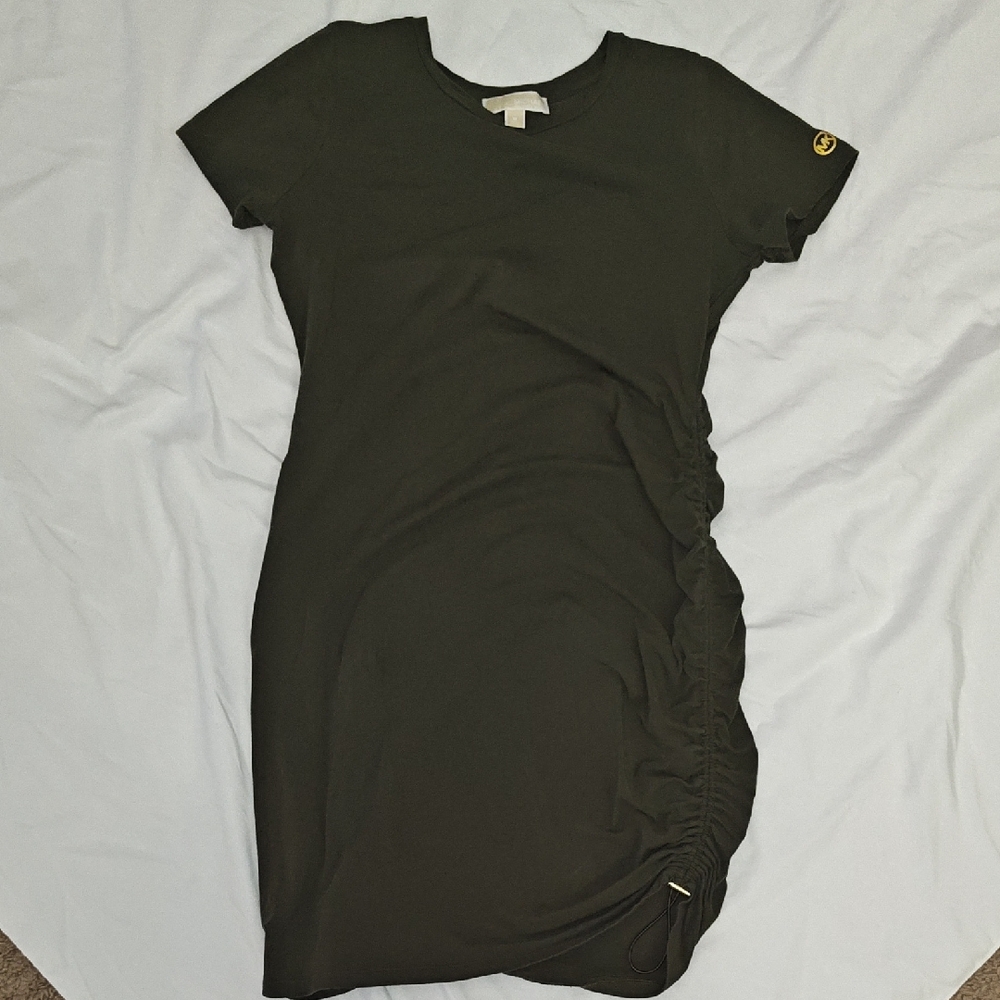 Michael Kors - Olive Green Short-Sleeve Ruched Side Tee Dress - Medium